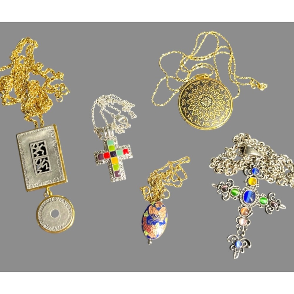 LOT of 5 NECKLACES Jeweled Cross Damascene Cloisonne GOLD SILVER Chain Necklace